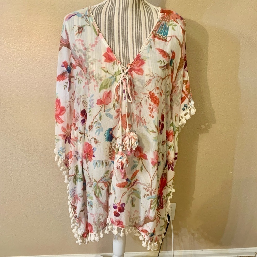Beach Coverup XL Beautiful White Floral Tropical Birds Tassels Lightweight Sheer
